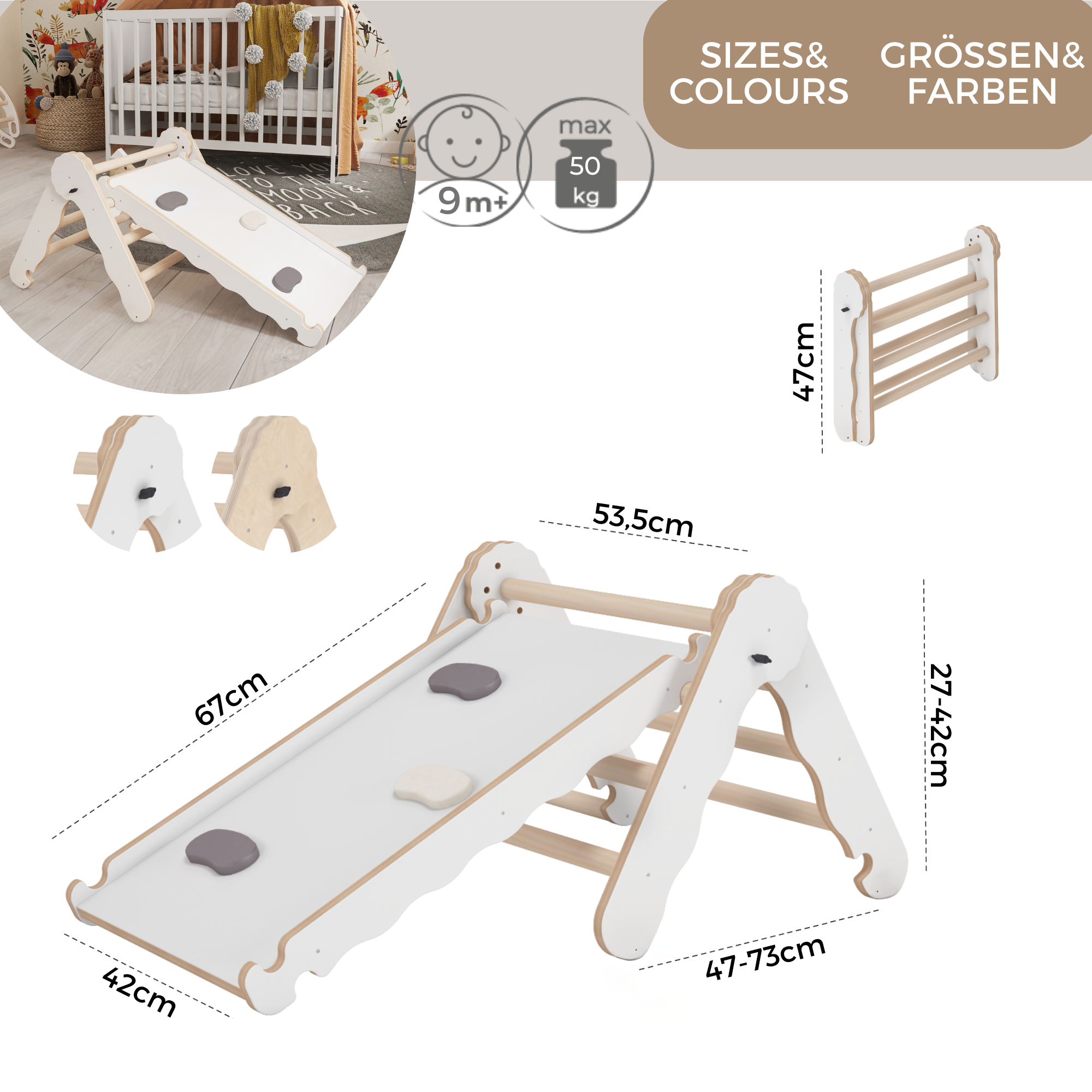 MAMOI® Triangle d'escalade intérieur avec toboggan pour enfants, gymnase en bois pour tout-petits pour enfants à l'extérieur et à l'extérieur, cadres et toboggans, jouets montessori pour tout-petits de 1 à 3 ans