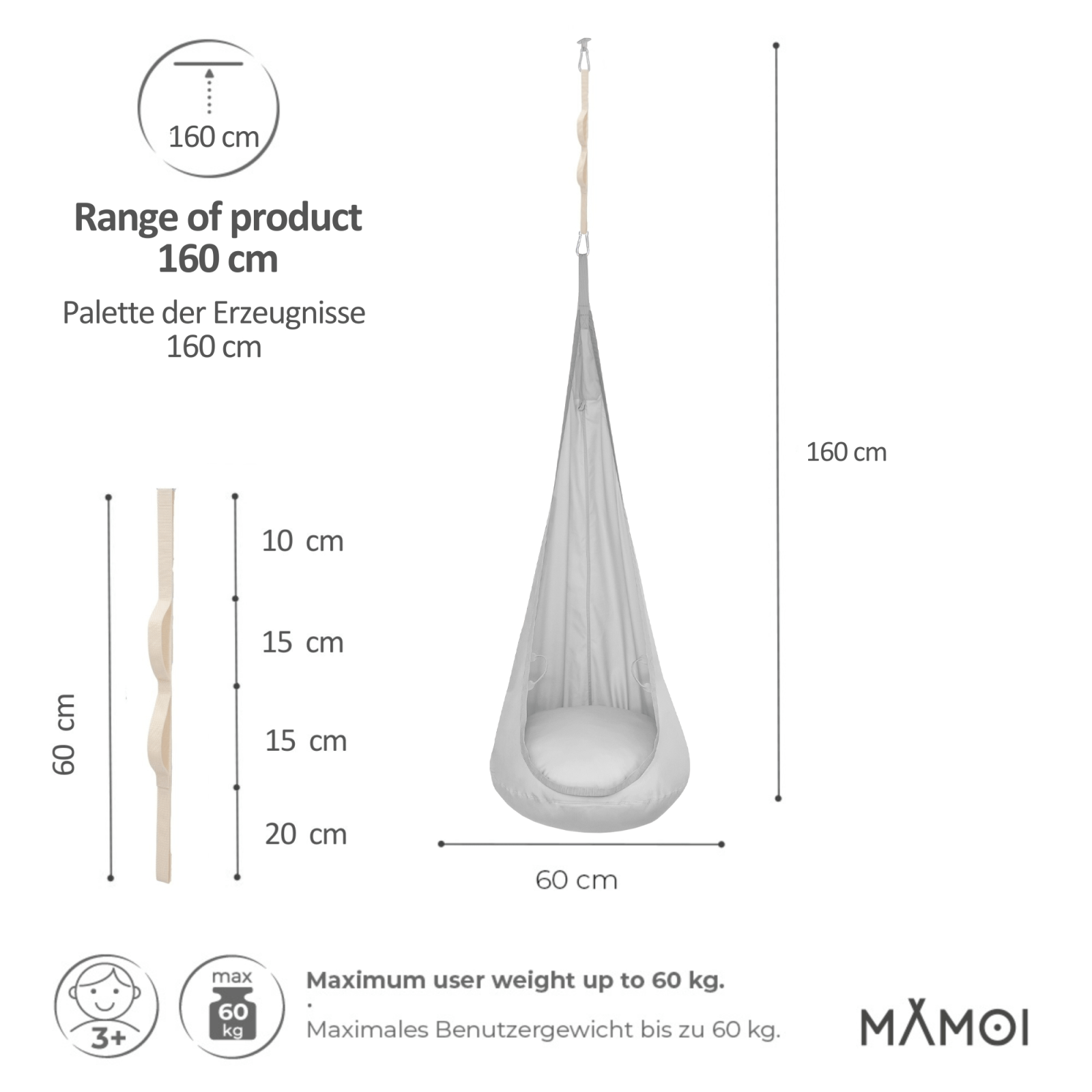 Chaise suspendue MAMOI® Gris clair, hamac d’intérieur bébé.