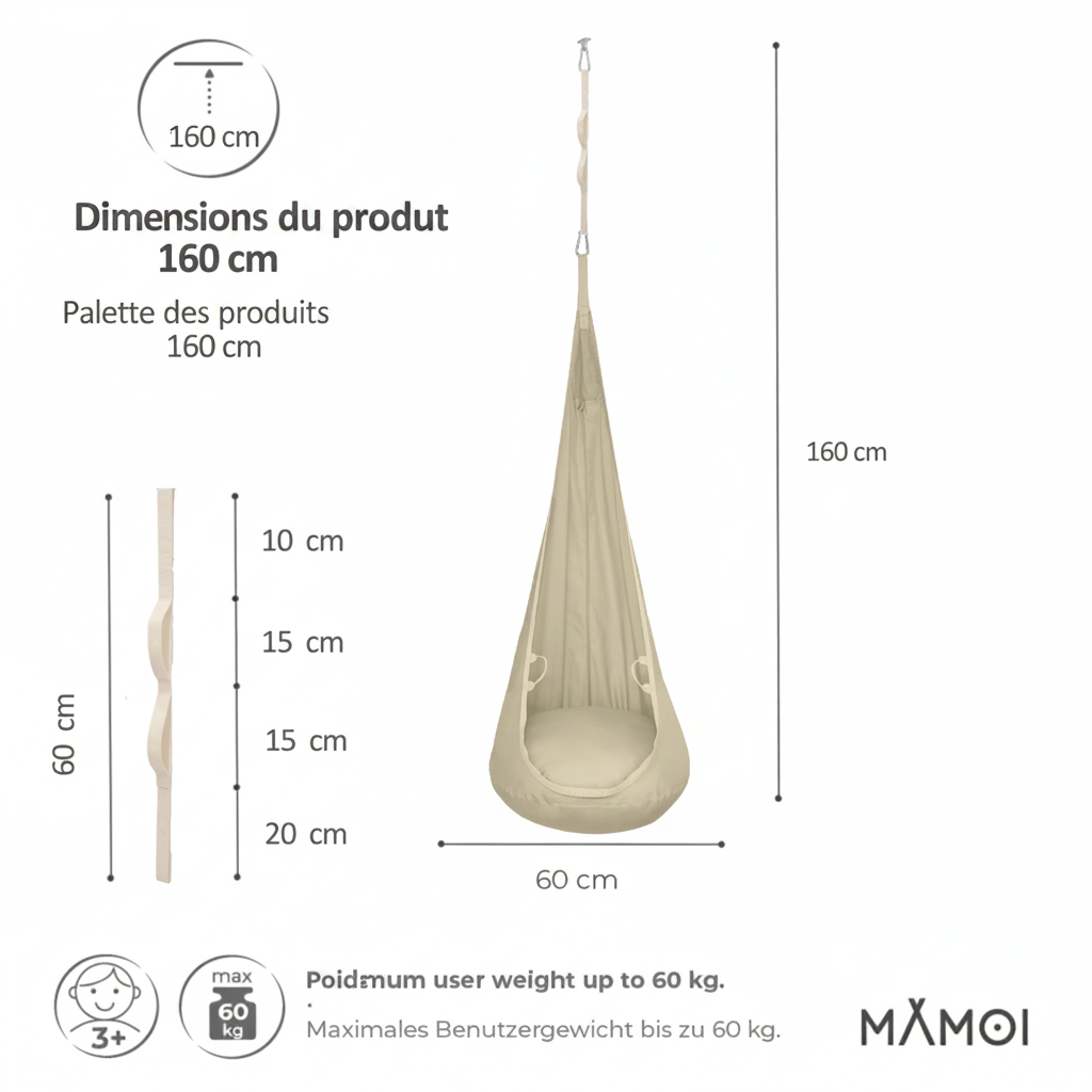 Hamac balançoire suspendu MAMOI® pour enfants en coton